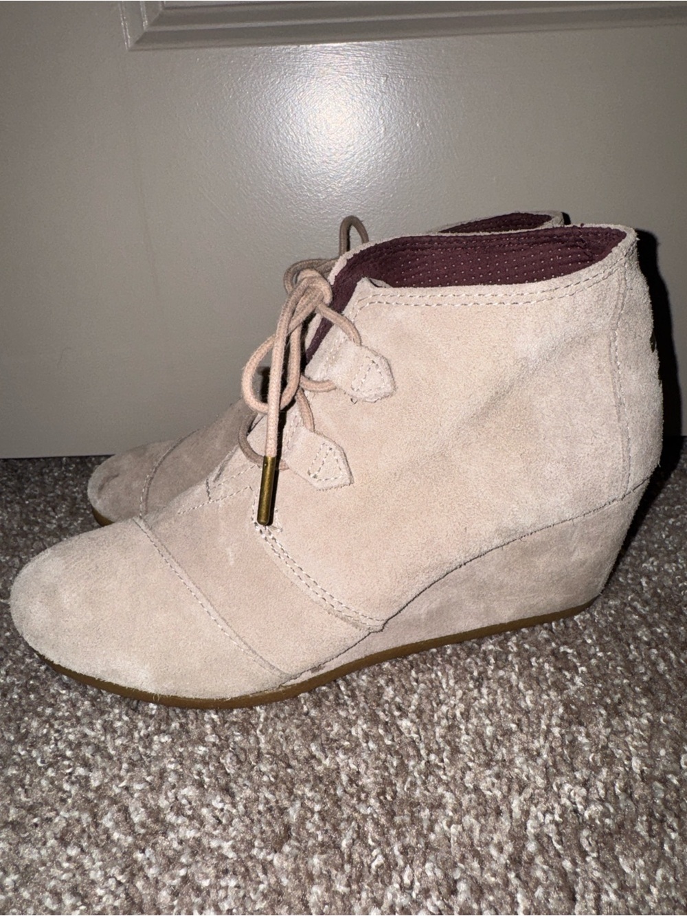 Toms Suede Lace-Up Wedge Ankle Boots in Light Taupe
